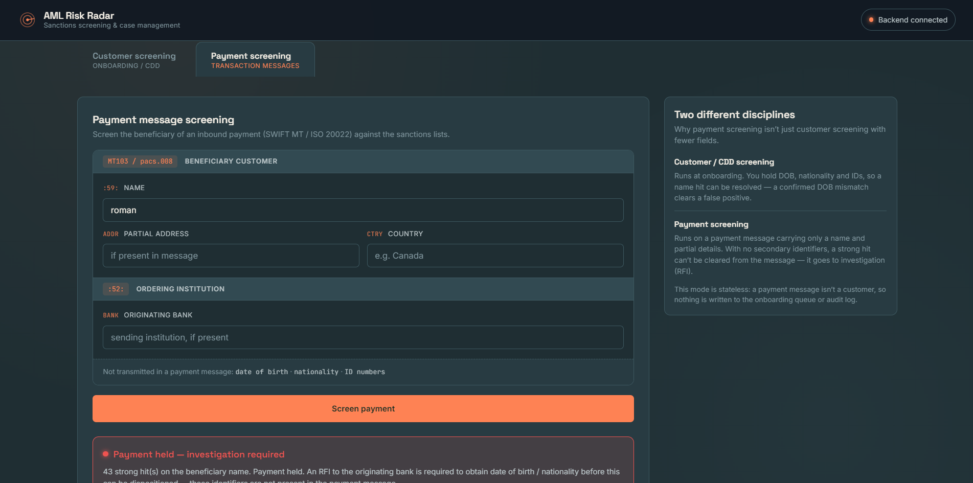 AML Risk Radar payment screening: an inbound SWIFT MT / ISO 20022 message screened against the sanctions lists, with a strong-hit result held for investigation