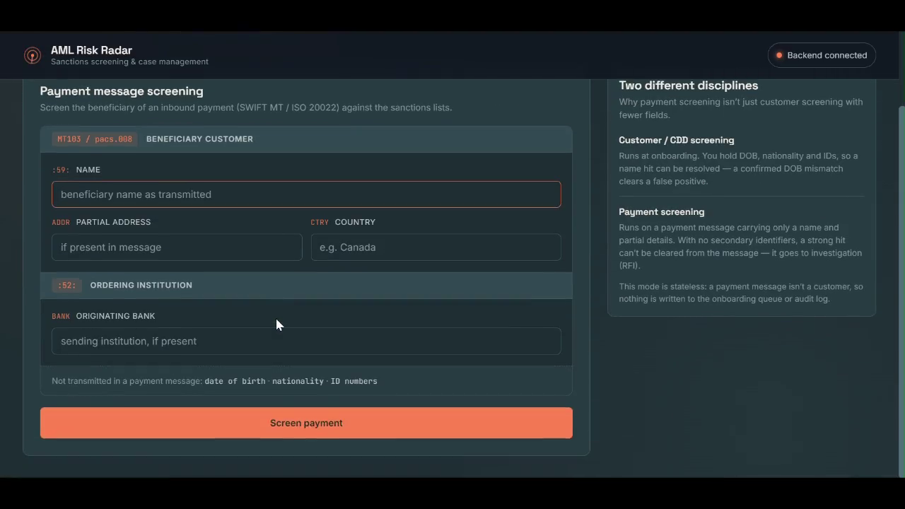 AML Risk Radar payment-message screening interface