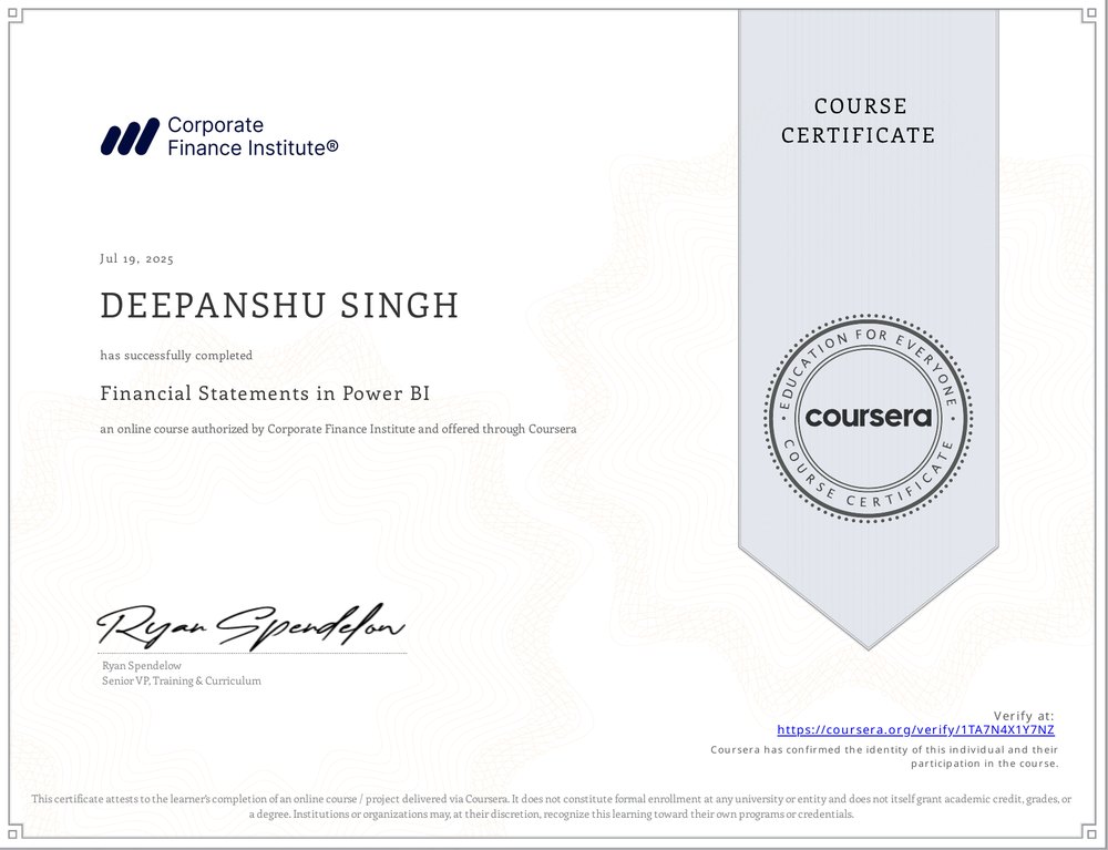 Coursera certificate: Financial Statements in Power BI, completed 19 July 2025