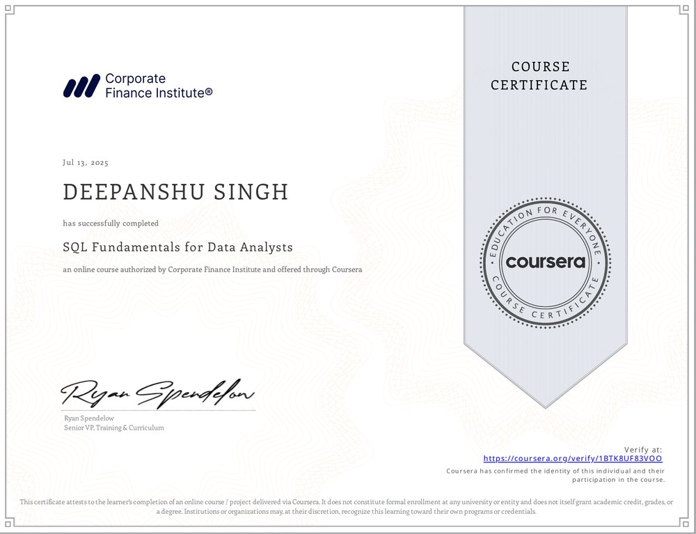 Coursera certificate: SQL Fundamentals for Data Analysts, completed 13 July 2025