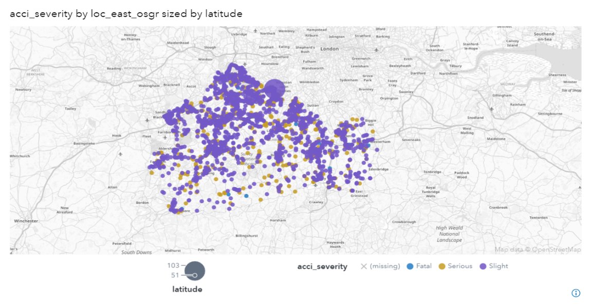 Map of Surrey with collision points coloured by severity, fatal, serious, slight, clustered along the road network
